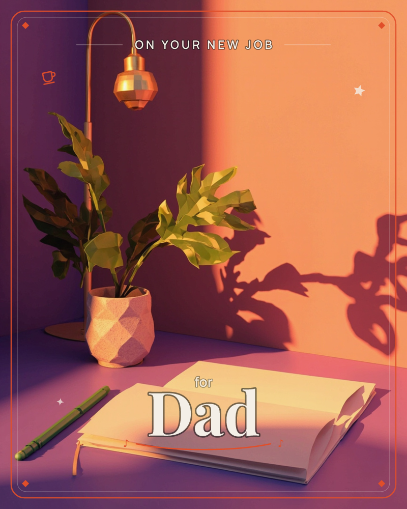 A low-poly potted plant sits beside a slender gold lamp, casting a sharp leafy shadow across a warm orange wall, a new job e-card design