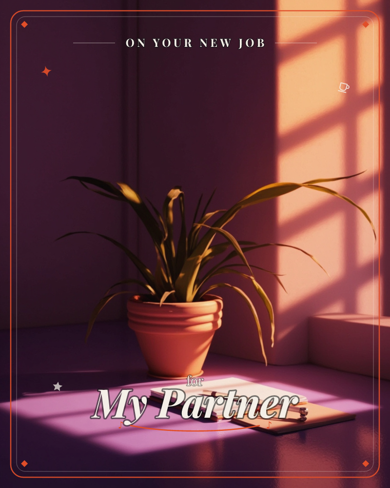 A terracotta potted plant casts long shadows across a pink-lit corner, its slender leaves catching warm afternoon sun through an unseen window, a new job e-card design