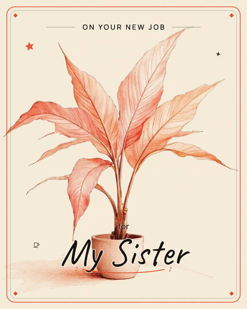 A single potted plant sits centre stage, its broad lance-shaped leaves rendered in warm coral and rust tones with fine linear veining, a new job e-card design