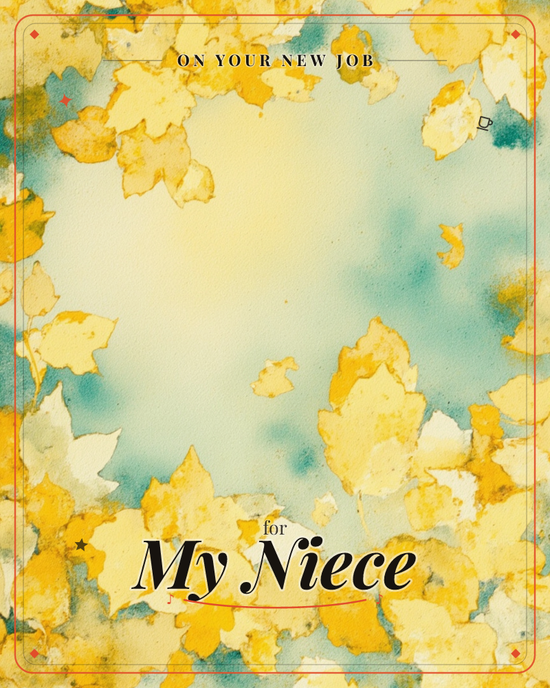 A ring of golden autumn leaves frames a soft, glowing center where teal and cream watercolor washes bleed together, a new job e-card design