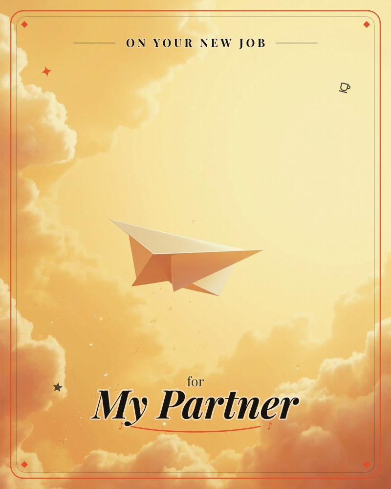 A folded paper airplane glides through a golden sky, framed by soft billowing clouds glowing amber and cream, a new job e-card design