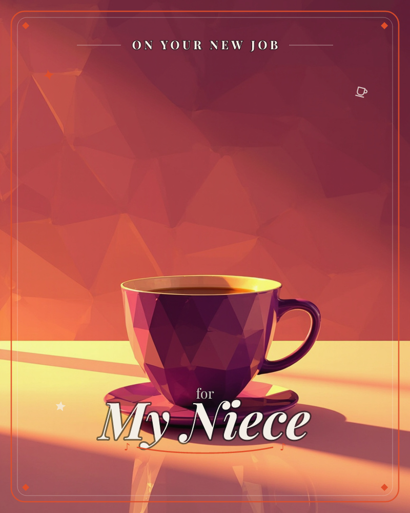 A faceted, low-poly cup of dark coffee sits on its matching saucer, rendered as a jewel of purple planes catching a warm glow, a new job e-card design
