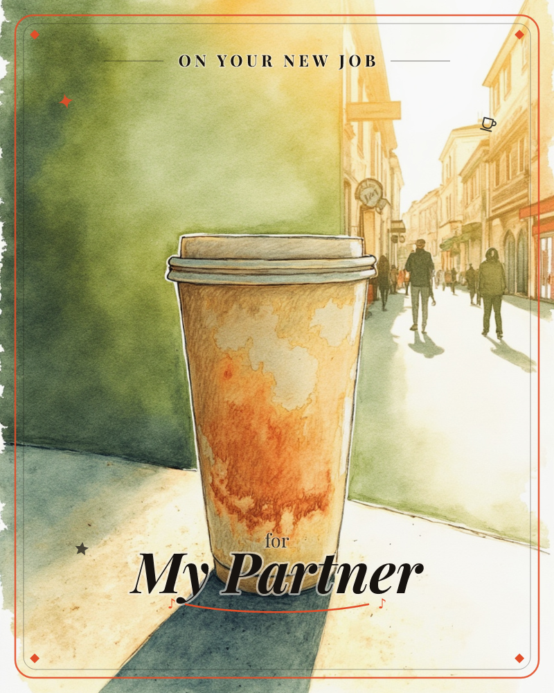 A large takeaway coffee cup with a mottled orange-and-cream sleeve sits on a sunlit ledge, its shadow stretching across the stone, a new job e-card design