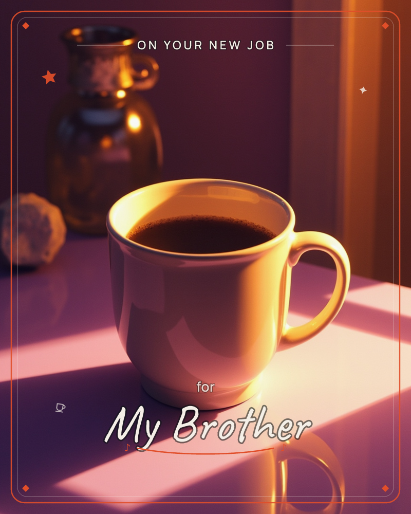 A white mug of dark coffee sits on a glossy tabletop, caught in a warm shaft of low sunlight that cuts across the surface in a sharp diagonal, a new job e-card design