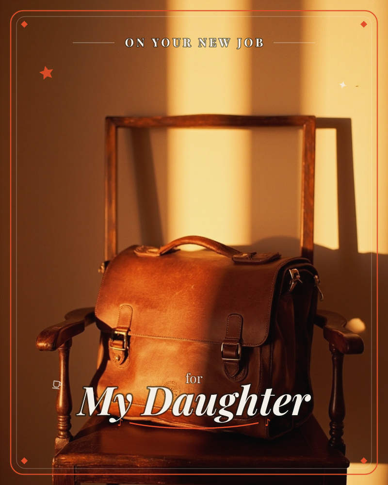 A worn leather satchel with brass buckles sits upright on a wooden chair, its handle and flap catching warm evening light, a new job e-card design