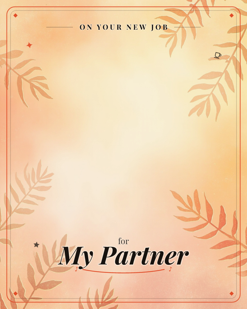 A soft watercolour wash in warm peach and gold fills the card, with fern-like leafy fronds silhouetted in each corner, framing an open, cloudlike centre, a new job e-card design