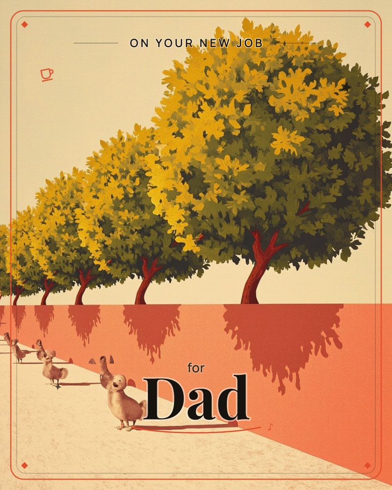 A row of round, sun-dappled trees with red-brown trunks lines the top of a warm terracotta wall, their shadows spilling down its face, a new job e-card design