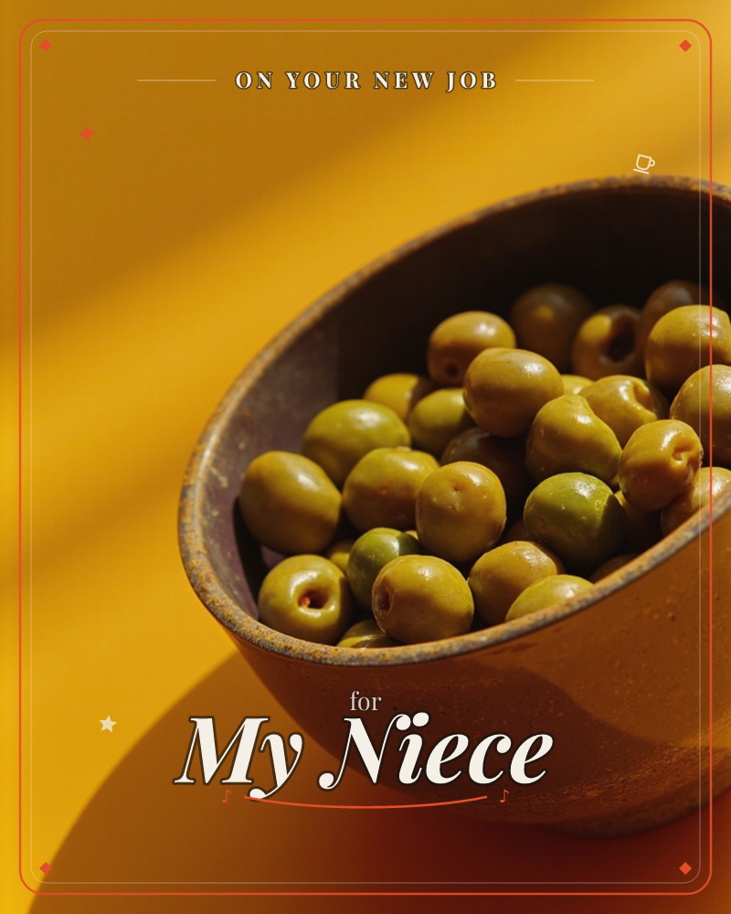 A rustic ceramic bowl brims with plump green olives, photographed close-up against a rich mustard-yellow backdrop, a new job e-card design