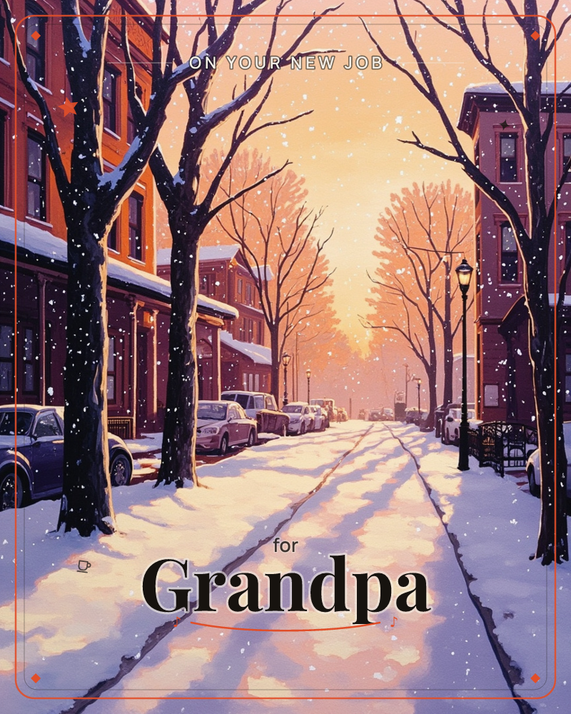 A quiet city street glows under a peach-and-gold sunset as snow falls softly between rows of leafless trees, a new job e-card design