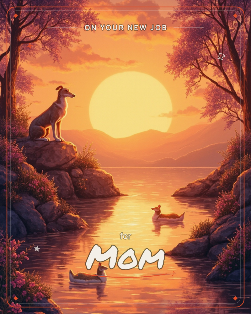 A slender dog sits perched on a rocky outcrop overlooking a still river, watching a huge glowing sun sink between distant hills, a new job e-card design