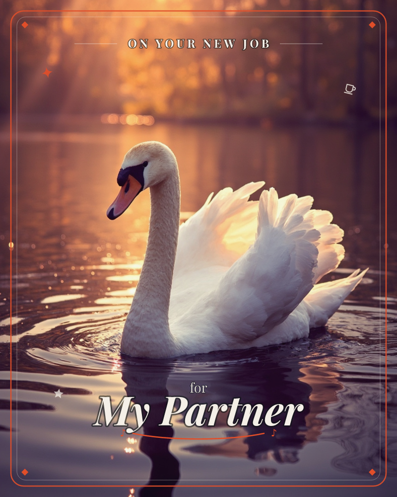 A single white swan glides across still, dark water as golden sunset light filters through trees in the background, a new job e-card design