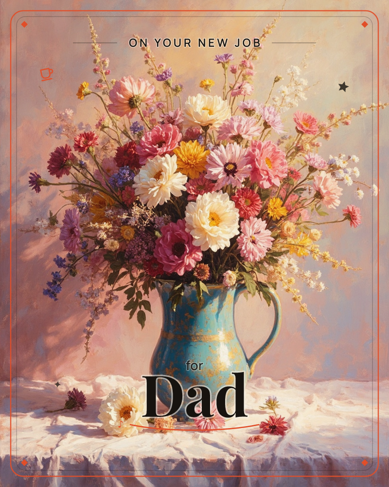 A weathered turquoise pitcher overflows with a lush garden bouquet of dahlias, zinnias, and cosmos in cream, pink, coral, and gold, set on a white…, a new job e-card design