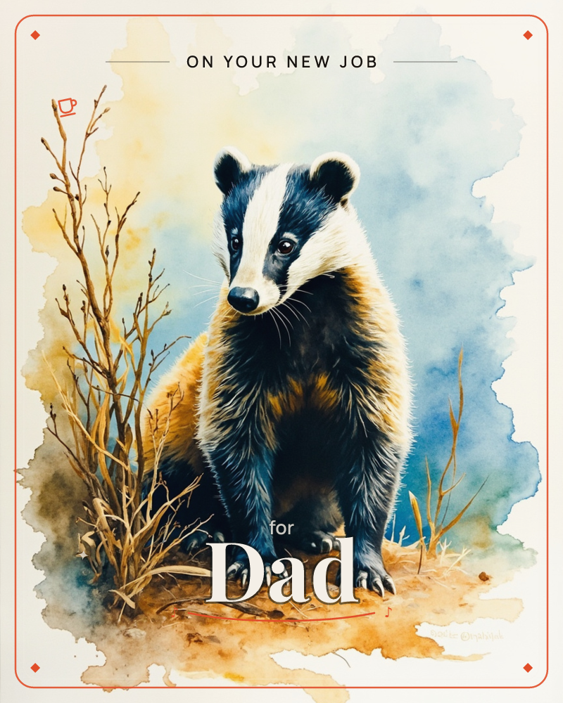 A badger sits upright on a mound of bare earth, its black-and-white striped face turned toward the viewer with quiet alertness, a new job e-card design