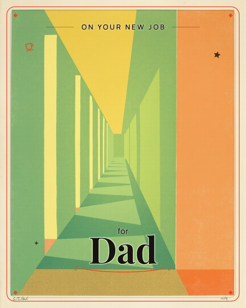 A geometric corridor recedes into deep perspective, its green walls and pale yellow columns casting sharp triangular shadows across the floor toward a…, a new job e-card design