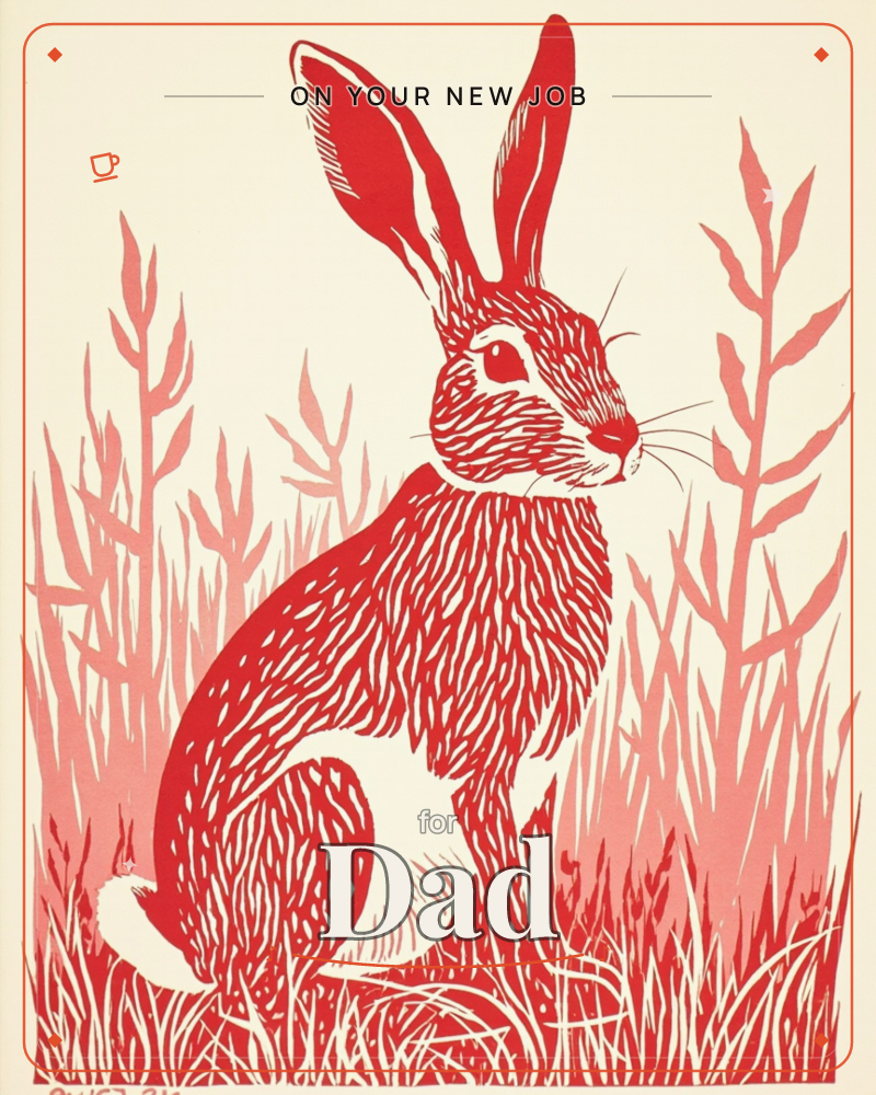 A large hare sits alert amid tall grasses and seed heads, rendered entirely in bold red linework against a cream background with the surrounding…, a new job e-card design