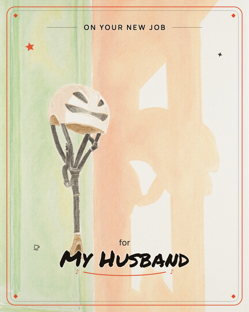 A single cycling helmet hangs by its strap against a wall painted in soft vertical bands of green, peach and cream, its shadow stretching large and…, a new job e-card design