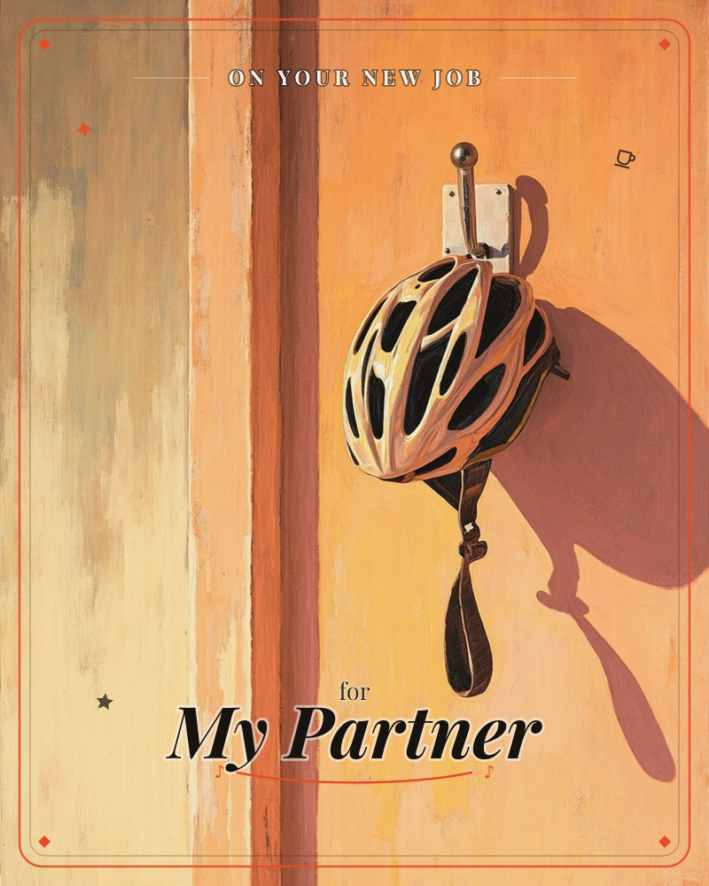 A cycling helmet hangs from a single metal hook mounted on a warm, weathered orange wall, its strap dangling loose, a new job e-card design