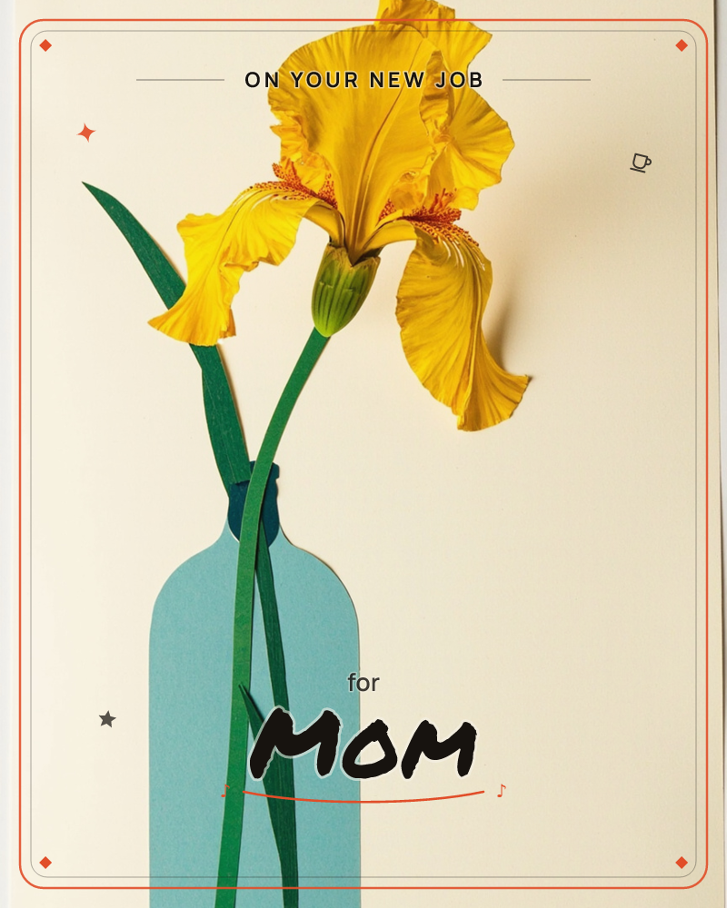 A single golden-yellow iris in full ruffled bloom stands in a flat, pale turquoise paper bottle against a warm cream background, a new job e-card design