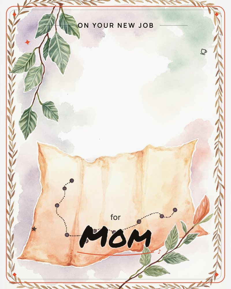 A weathered parchment map curls across the bottom of the page, marked with a dotted trail of dark waypoints leading nowhere in particular, a new job e-card design