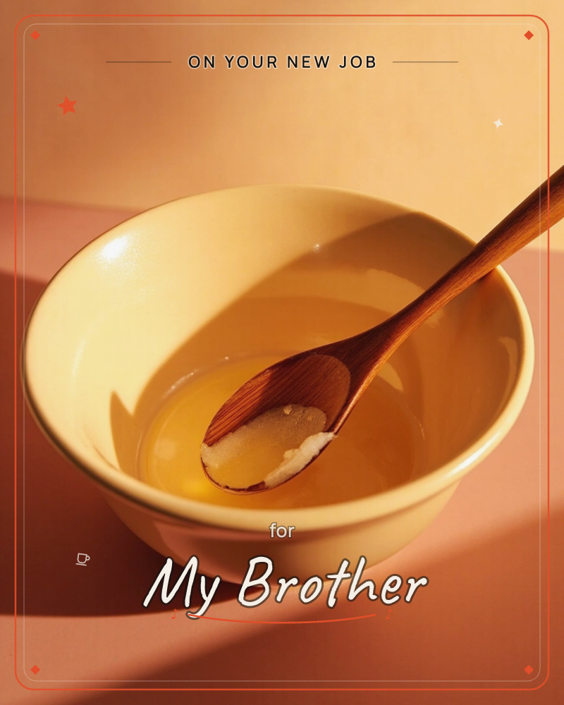 A pale yellow bowl holds a shallow pool of golden liquid, a wooden spoon resting across it with a small dab of white paste on its tip, a new job e-card design