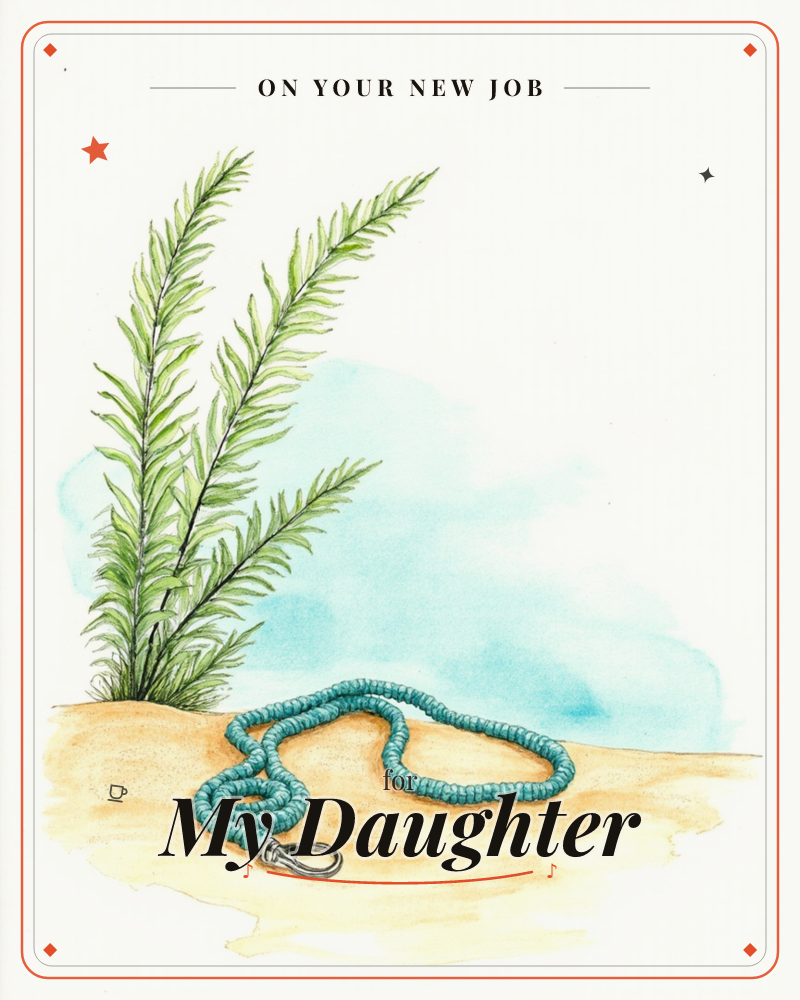 A teal beaded leash coils loosely across a patch of sandy ground, its silver clip resting near the front, a new job e-card design