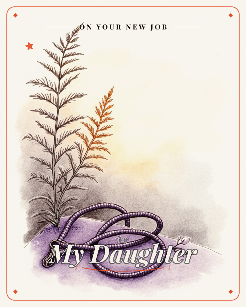 A coiled length of beaded chain rests loosely on a lavender ledge beside a spray of feathery fern fronds, one branch turning autumn orange against the…, a new job e-card design