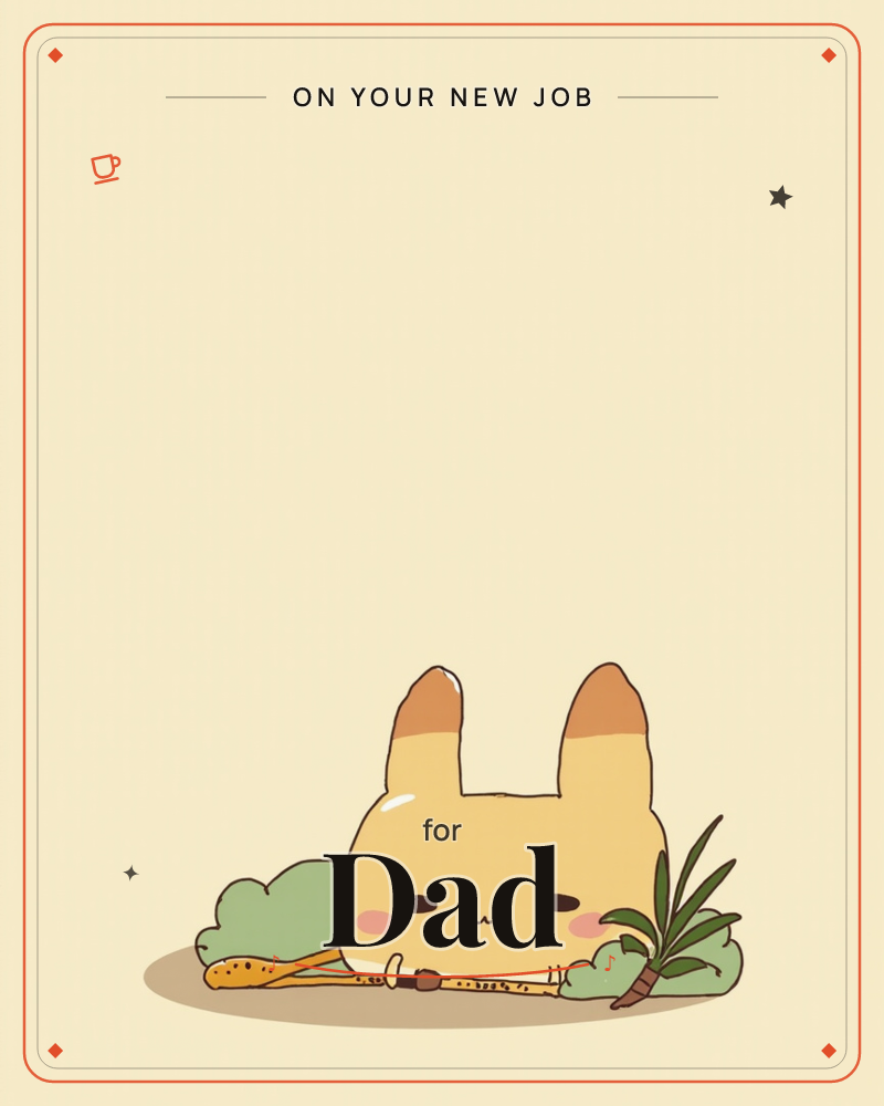 A small yellow bunny-eared creature peeks up from the bottom of a soft cream background, its blushing cheeks and sleepy eyes framed by two tufts of…, a new job e-card design
