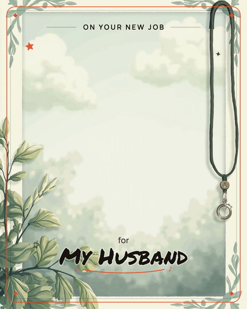 A soft sage-toned sky with puffy clouds fills the centre of the card, framed by delicate leafy borders in the corners, a new job e-card design