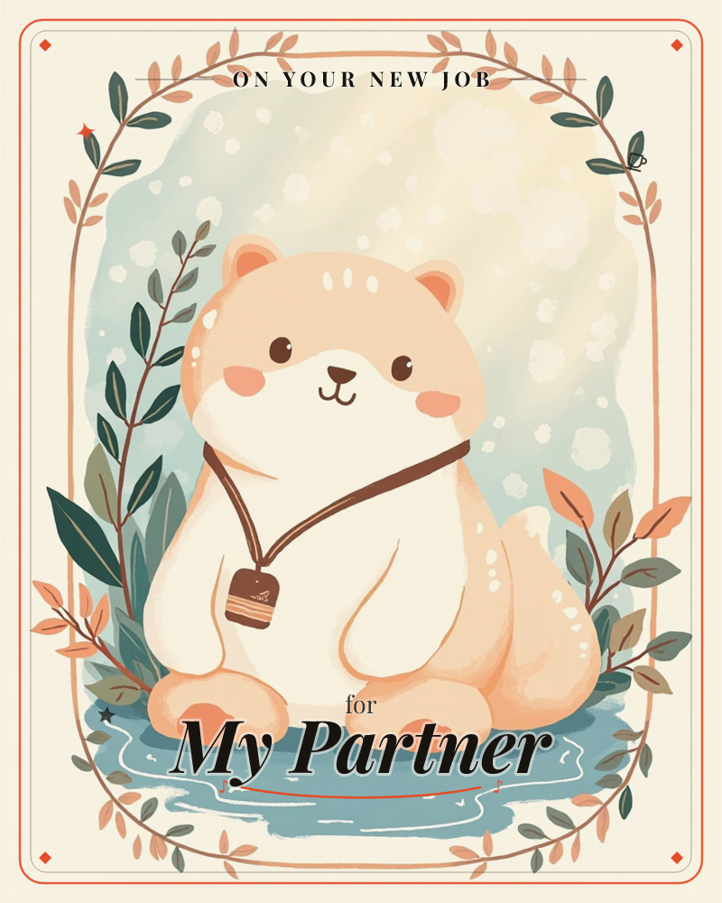 A round, peach-toned cartoon bear cub sits smiling with its paws folded, wearing a small brown pendant on a cord, a new job e-card design