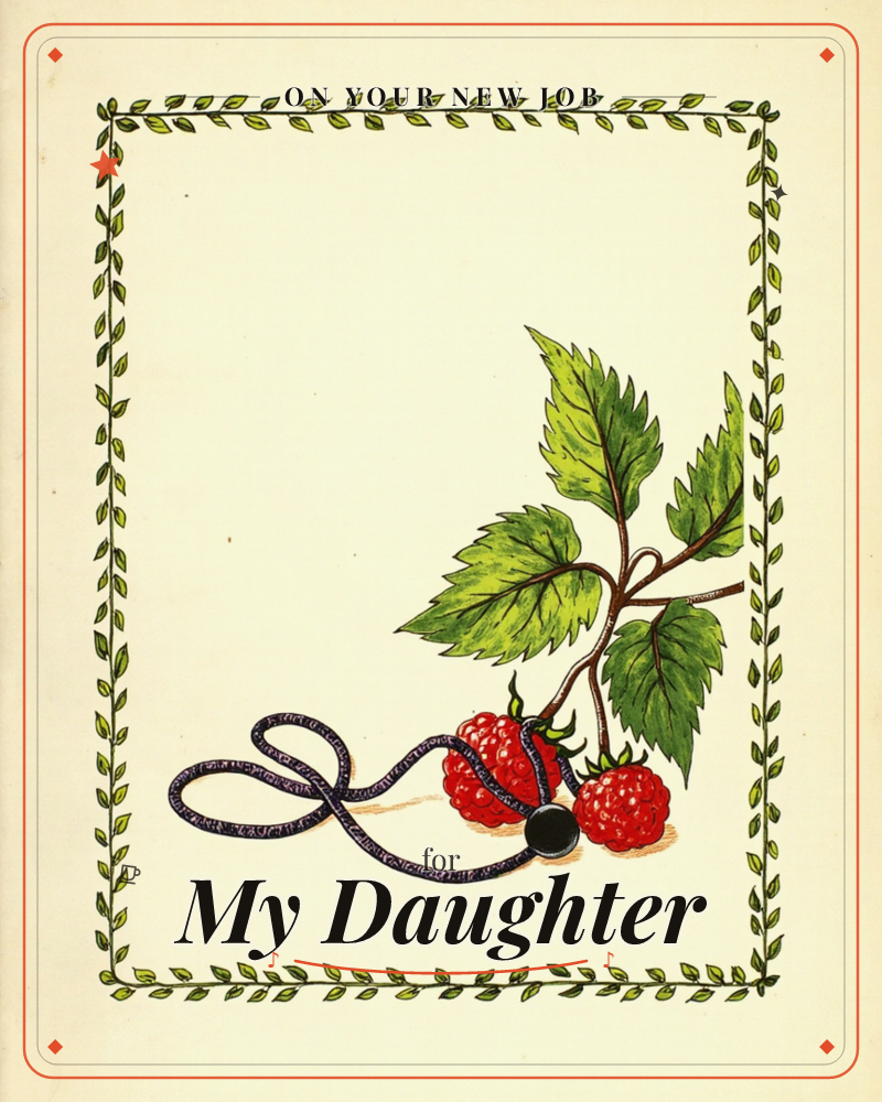 A hand-drawn illustration on cream paper shows a sprig of raspberries with jagged green leaves, tied with a looping dark purple cord ending in a black…, a new job e-card design