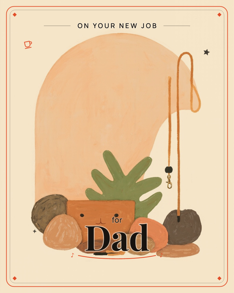 A cluster of smooth, smiling stones and pebbles gathers around a small terracotta pot sprouting a single leafy plant, all set beneath a peach-toned arch, a new job e-card design