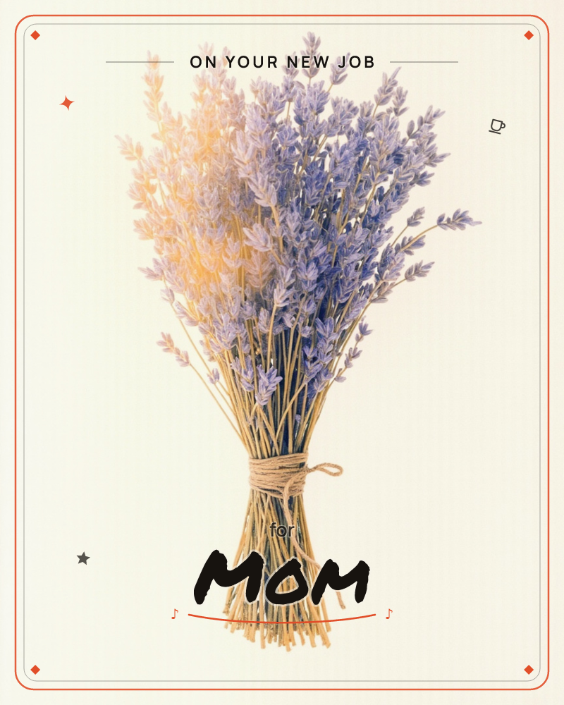 A bundled sheaf of dried lavender stands upright against a plain cream background, its stems bound in twine with a simple bow, a new job e-card design