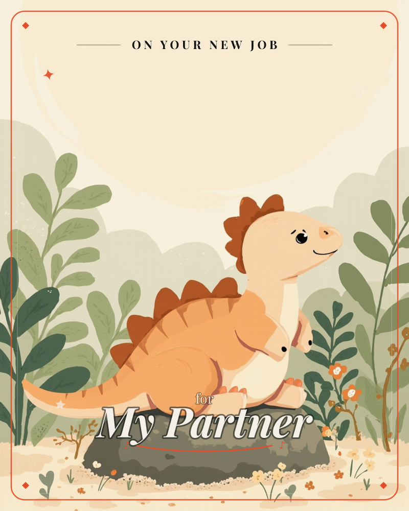 A cheerful orange-and-cream dinosaur with rounded spikes down its back sits perched on a grey rock, surrounded by tall leafy plants and small wildflowers, a new job e-card design