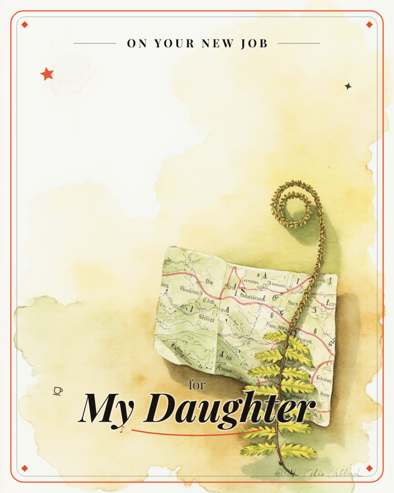 A folded paper road map lies against a warm wash of golden ochre, its creased panels showing faint red route lines and small town names, a new job e-card design