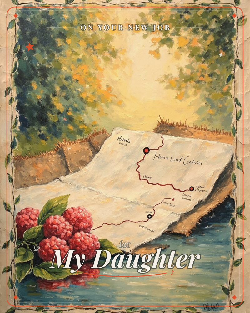A painted stone map, marked with a red winding trail and place names, rests beside a quiet stream beneath golden, sunlit trees, a new job e-card design