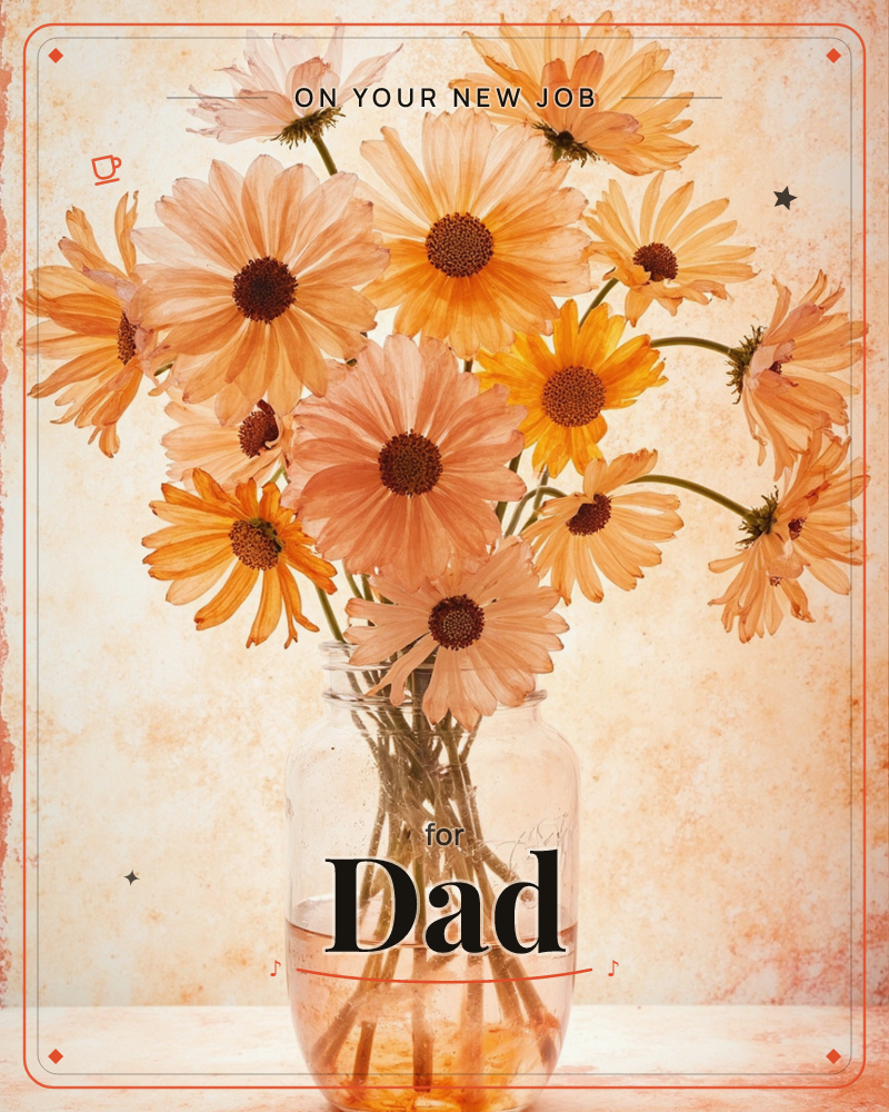 A glass mason jar holds a loose bunch of daisy-like blooms in peach, apricot and soft orange, their dark centres scattered through the arrangement, a new job e-card design