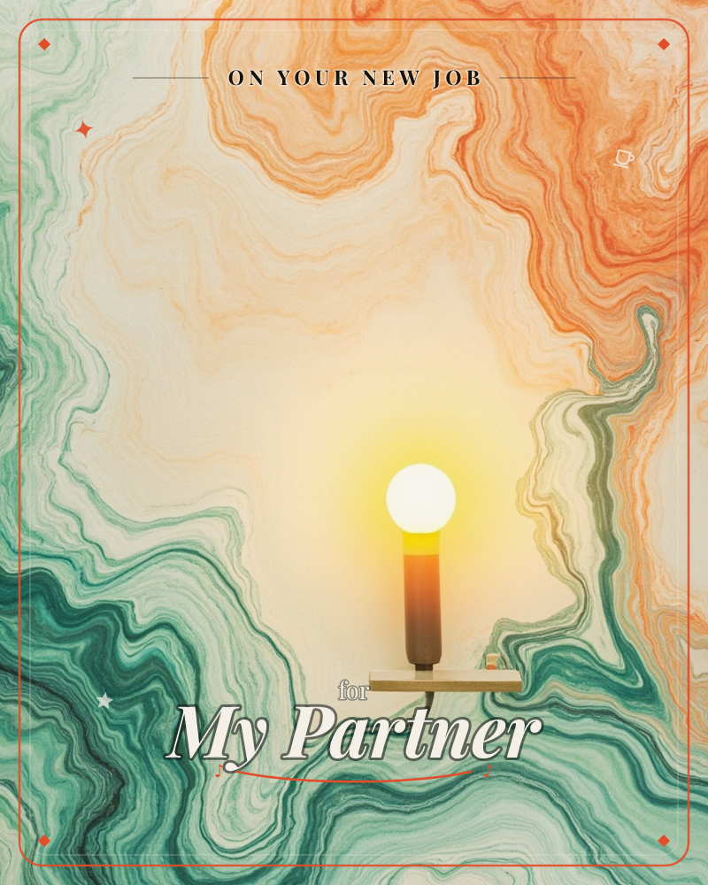 A small table lamp with a bare round bulb glows warm and golden at the centre of a swirling marbled background, teal and green waves curling in from…, a new job e-card design