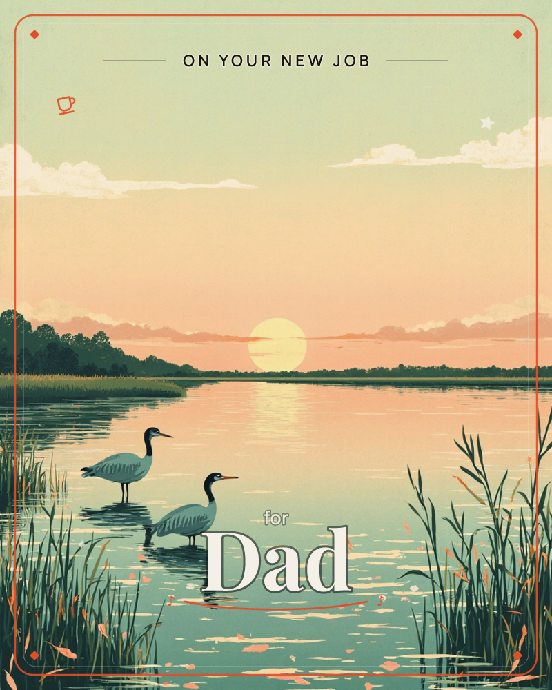 A wide wetland glows under a pale sunset, the sun sitting low over a marsh channel bordered by reeds and distant treelines, a new job e-card design