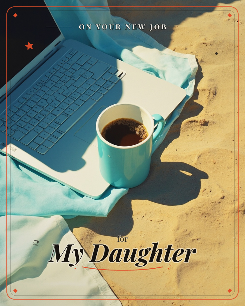 A laptop rests open on a pale turquoise cloth spread over sand, sunlight raking sharply across the sand and casting long shadows, a new job e-card design