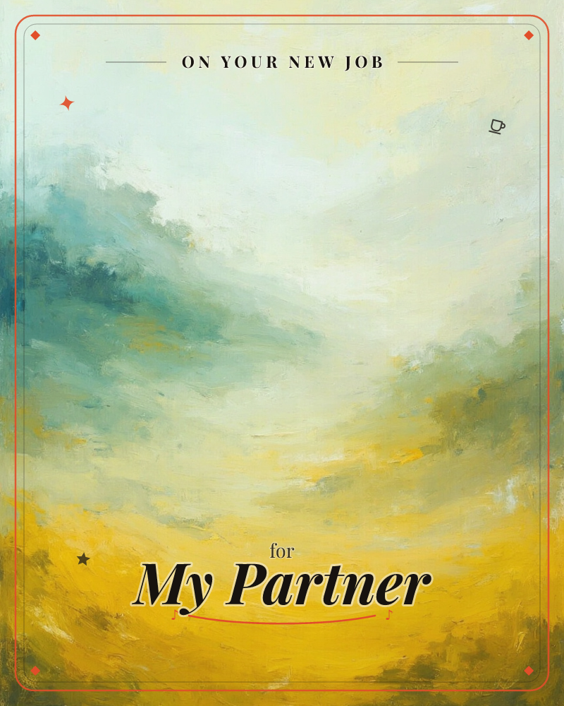 An abstract sky-and-field painting where teal clouds roll across a pale horizon and dissolve into a wide band of golden yellow below, a new job e-card design
