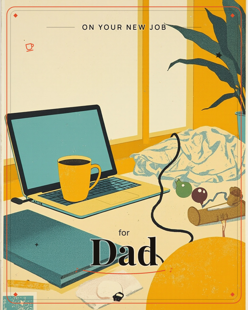 An open laptop with a teal-glowing screen sits beside a mustard-yellow mug of coffee, its cord tangled across a sunlit desk, a new job e-card design