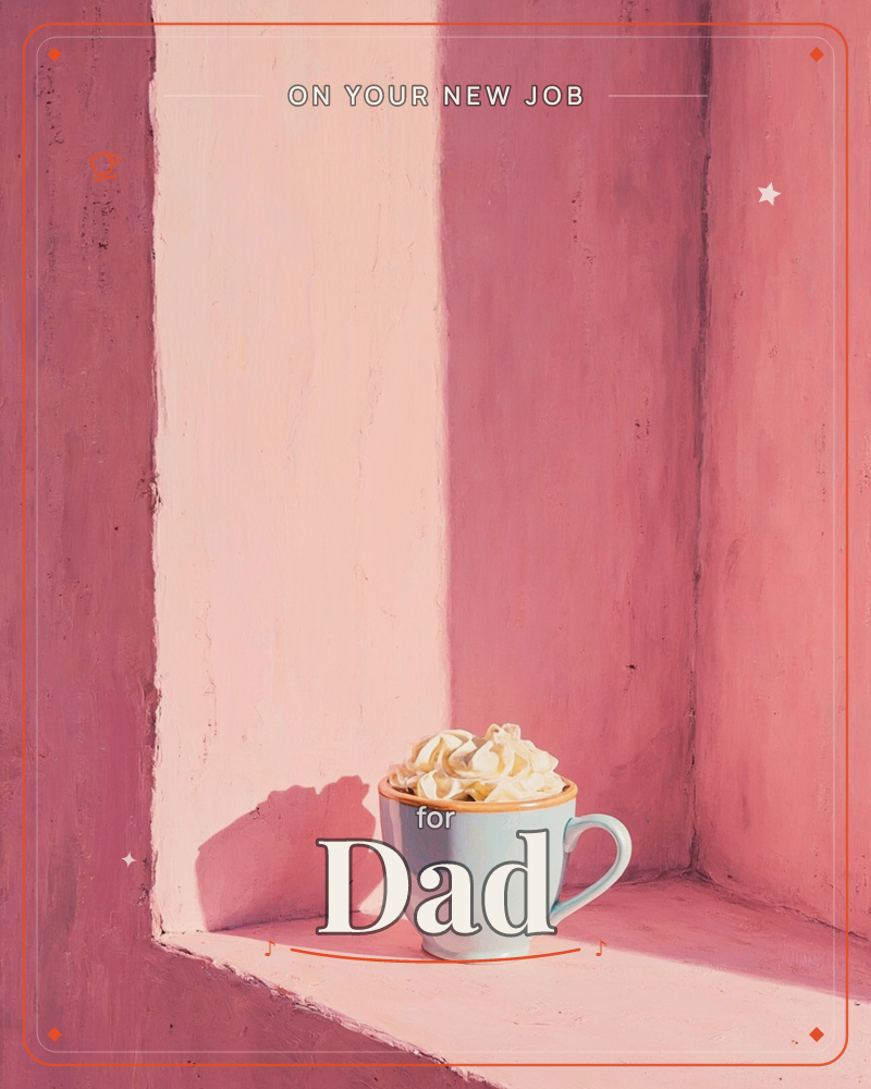 A white cup piled high with swirled whipped cream sits in the corner of a painted room, its walls streaked in deep pink and rose with one pale stripe…, a new job e-card design
