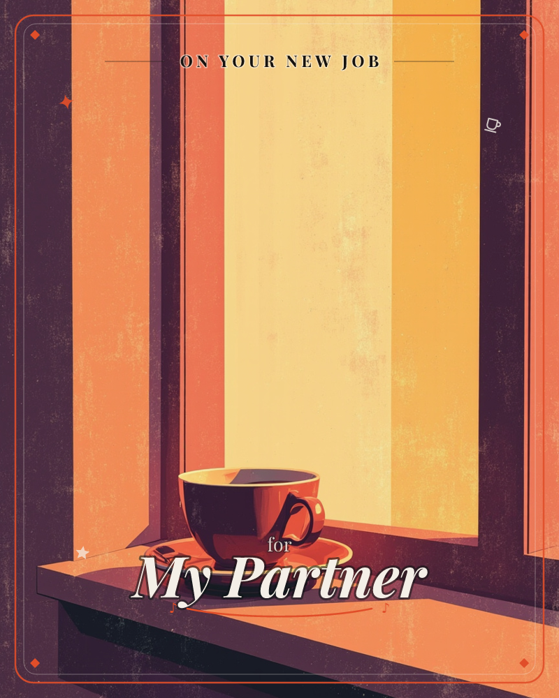 A single cup of dark coffee sits on its saucer on a windowsill, backlit by broad vertical bands of amber, orange and deep plum light streaming through…, a new job e-card design