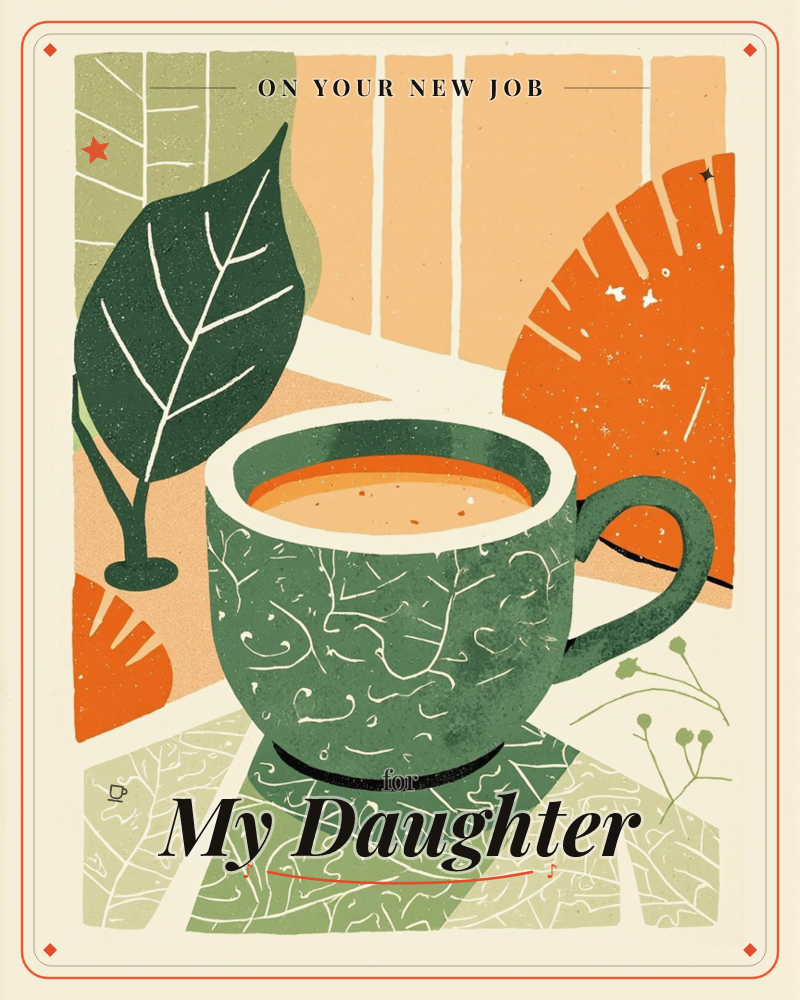 A textured green mug filled with warm tea sits on a reflective surface, surrounded by a stylized backdrop of leaves and orange sunburst shapes, a new job e-card design