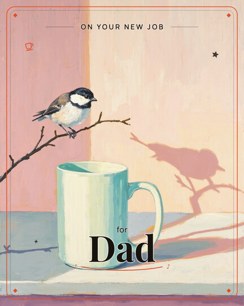 A small black-capped bird perches on a bare twig beside a pale mint mug, its long shadow stretching across a two-tone pink wall behind, a new job e-card design