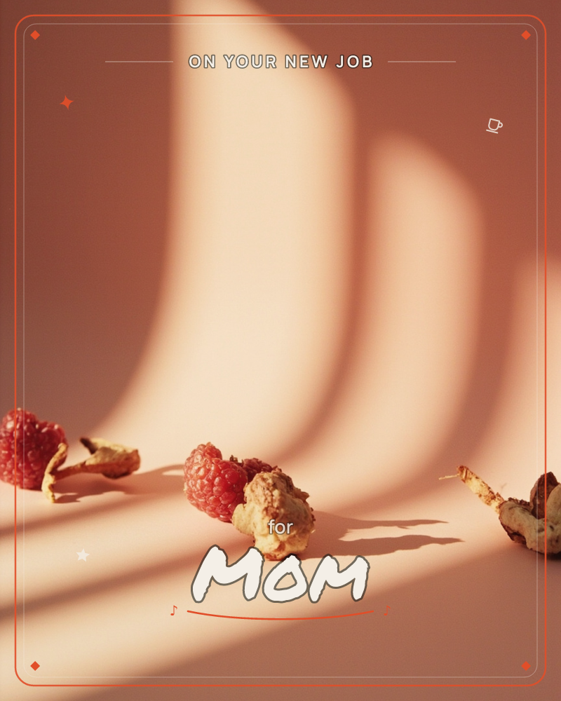 A row of raspberries with their pale stem cores still attached sits scattered across a warm terracotta surface, caught in a shaft of window light that…, a new job e-card design