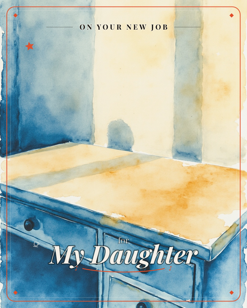 A watercolour painting of a simple wooden desk pushed against a striped wall, its surface catching warm golden light while the shadows around it wash…, a new job e-card design