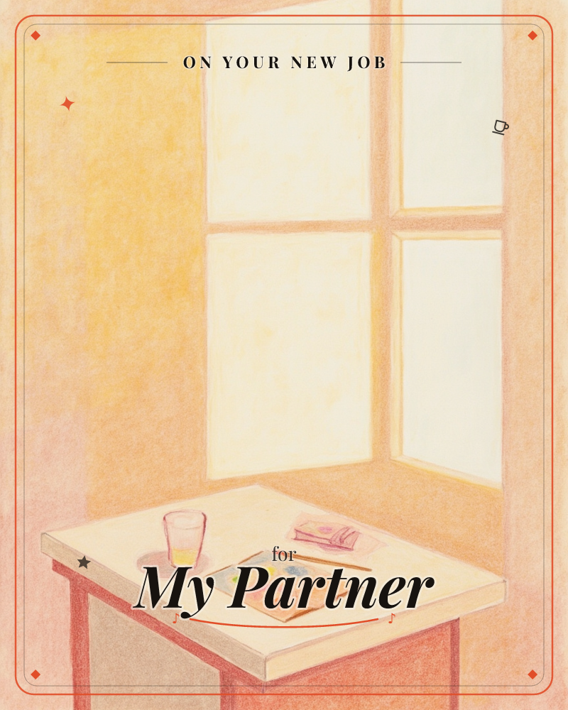 A sunlit corner of a room glows in warm peach and cream tones, with a bright four-paned window flooding light across the wall, a new job e-card design
