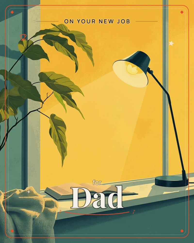 A desk lamp casts a warm cone of golden light over an open book resting on a windowsill, its glow washing the panes and wall behind it amber, a new job e-card design