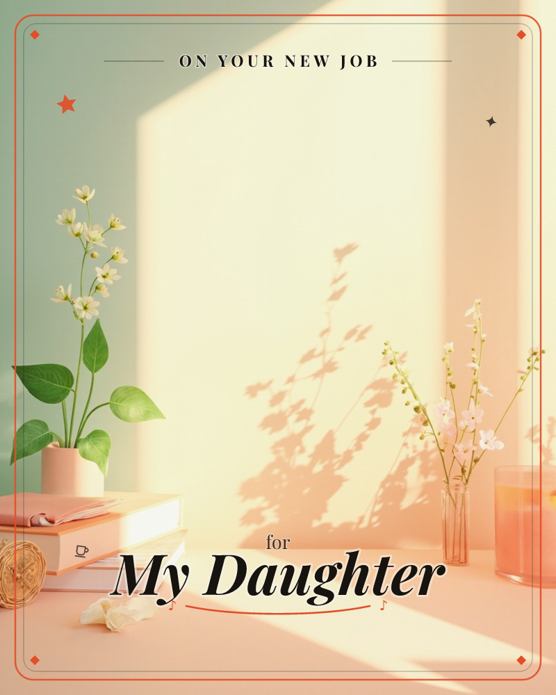 A quiet tabletop scene bathed in late-afternoon light, with a small pink vase of white blossoms perched on a stack of books beside a candle and a…, a new job e-card design